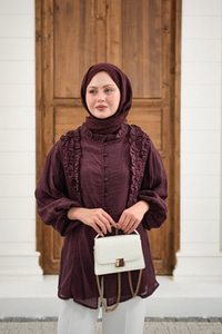 Yaka Büzgülü Gömlek Bordo