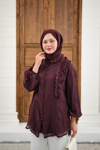 Yaka Büzgülü Gömlek Bordo