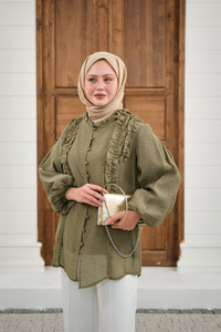 Yaka Büzgülü Gömlek Haki Yeşil