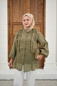Yaka Büzgülü Gömlek Haki Yeşil