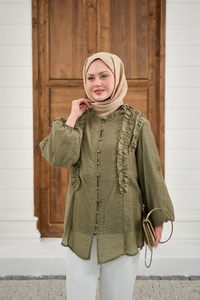 Yaka Büzgülü Gömlek Haki Yeşil