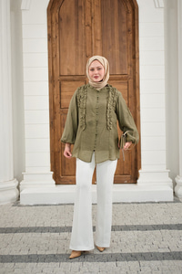 Yaka Büzgülü Gömlek Haki Yeşil