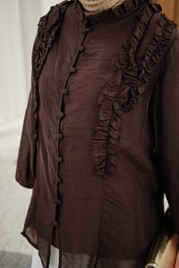 Yaka Büzgülü Gömlek Kahverengi