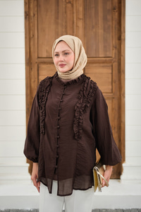 Yaka Büzgülü Gömlek Kahverengi