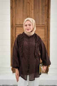 Yaka Büzgülü Gömlek Kahverengi