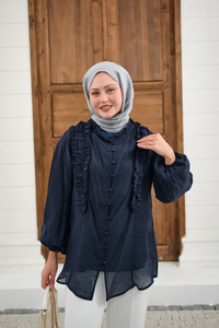 Yaka Büzgülü Gömlek Lacivert