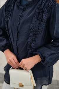 Yaka Büzgülü Gömlek Lacivert