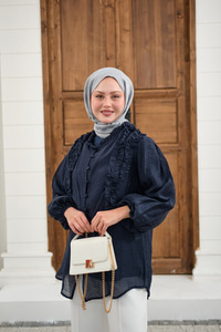 Yaka Büzgülü Gömlek Lacivert