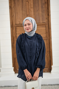 Yaka Büzgülü Gömlek Lacivert