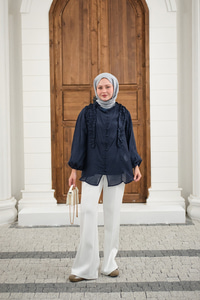 Yaka Büzgülü Gömlek Lacivert