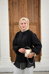 Yaka Büzgülü Gömlek Siyah
