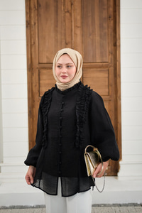 Yaka Büzgülü Gömlek Siyah