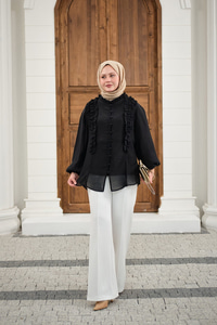 Yaka Büzgülü Gömlek Siyah