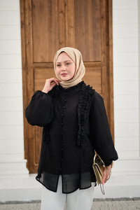 Yaka Büzgülü Gömlek Siyah