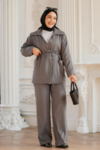 Yaka Detaylı Kuşaklı İkili Takım Antrasit