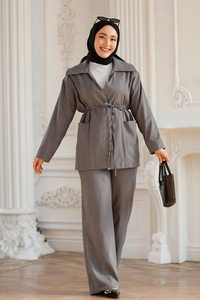 Yaka Detaylı Kuşaklı İkili Takım Antrasit