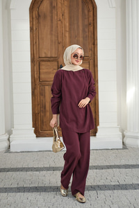 Yaka Düğme Detay Beli Lastikli Ayarlanabilir İkili Takım Bordo