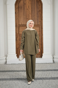 Yaka Düğme Detay Beli Lastikli Ayarlanabilir İkili Takım Haki Yeşil