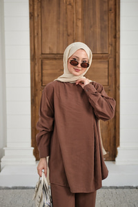 Yaka Düğme Detay Beli Lastikli Ayarlanabilir İkili Takım Kahverengi