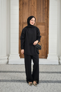 Yaka Düğme Detay Beli Lastikli Ayarlanabilir İkili Takım Siyah