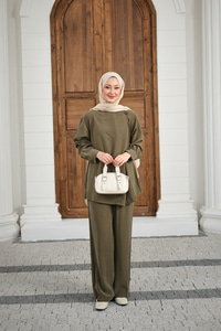 Yaka Düğme Detay Beli Lastikli Ayarlanabilir İkili Takım Haki Yeşil