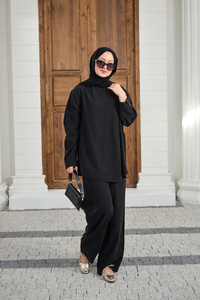 Yaka Düğme Detay Beli Lastikli Ayarlanabilir İkili Takım Siyah