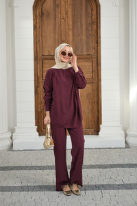 Yaka Düğme Detay Beli Lastikli Ayarlanabilir İkili Takım Bordo