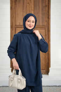 Yaka Düğme Detay Beli Lastikli Ayarlanabilir İkili Takım Lacivert