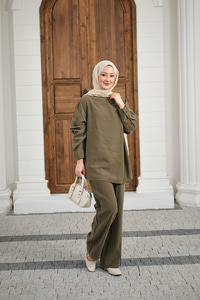 Yaka Düğme Detay Beli Lastikli Ayarlanabilir İkili Takım Haki Yeşil