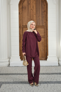 Yaka Düğme Detay Beli Lastikli Ayarlanabilir İkili Takım Bordo