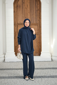 Yaka Düğme Detay Beli Lastikli Ayarlanabilir İkili Takım Lacivert