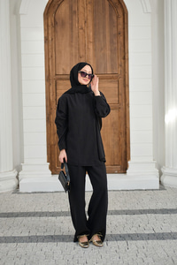 Yaka Düğme Detay Beli Lastikli Ayarlanabilir İkili Takım Siyah