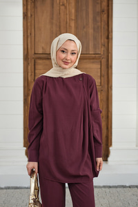 Yaka Düğme Detay Beli Lastikli Ayarlanabilir İkili Takım Bordo