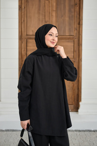 Yaka Düğme Detay Beli Lastikli Ayarlanabilir İkili Takım Siyah