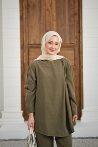 Yaka Düğme Detay Beli Lastikli Ayarlanabilir İkili Takım Haki Yeşil