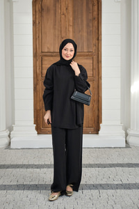 Yaka Düğme Detay Beli Lastikli Ayarlanabilir İkili Takım Siyah