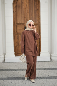 Yaka Düğme Detay Beli Lastikli Ayarlanabilir İkili Takım Kahverengi