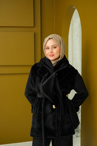 Yaka Fiyonklu Kürklü Kaşe Siyah