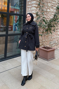 Yaka Kemer Detay Ceket Siyah