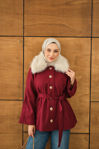 Yaka Kürk Detay Bel Bağlamalı Ceket Bordo