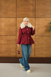 Yaka Kürk Detay Bel Bağlamalı Ceket Bordo