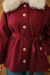 Yaka Kürk Detay Bel Bağlamalı Ceket Bordo