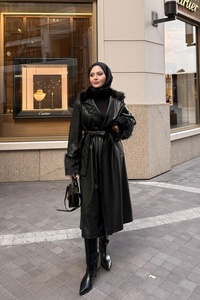 Yaka Kürk Detay Deri Trenç Siyah