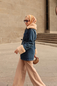 Yaka Kürk Detay Kot Ceket Koyu Mavi