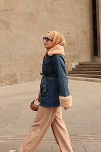 Yaka Kürk Detay Kot Ceket Koyu Mavi