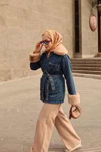 Yaka Kürk Detay Kot Ceket Koyu Mavi