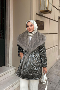 Yaka Kürklü Dikiş Detay Mont Antrasit