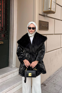 Yaka Kürklü Dikiş Detay Mont Siyah