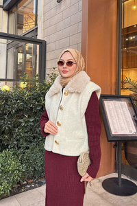 Yaka Kürklü Yelek Krem