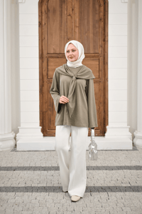 Yaka Pelerin Bağlamalı Bisiklet Yaka Tunik Küf Yeşil